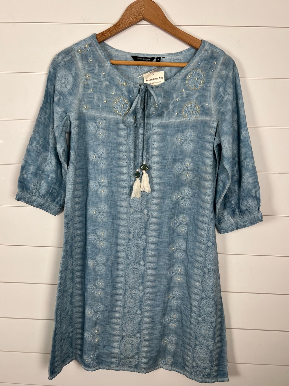 Melange Artisan Embroidered Beaded Cotton Linen Blend Dress Womens M Blue Boho